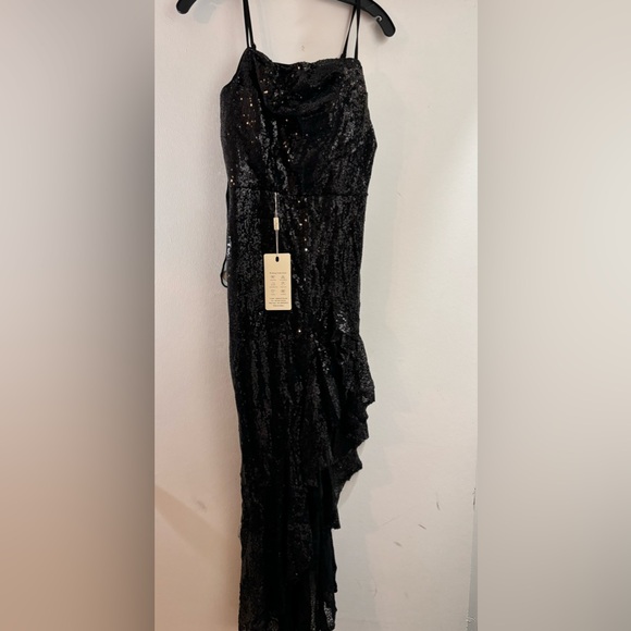 New Mermaid Sequin Dress Slit Spaghetti Strap Sparkly Ruffle Formal Evening Gown - Picture 4 of 8